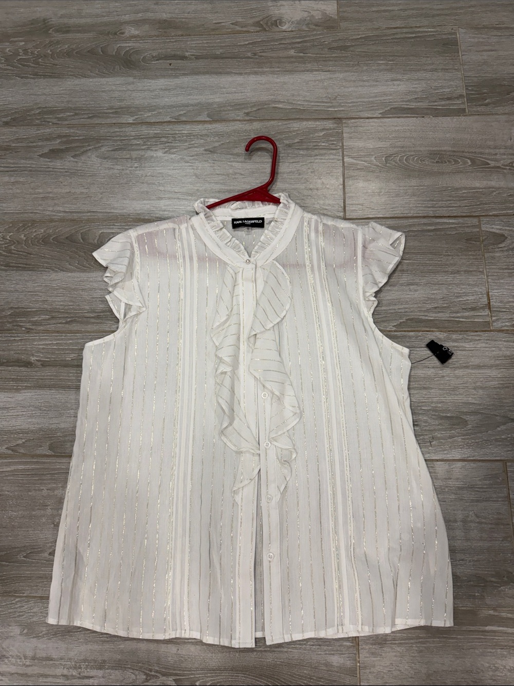 Karl Lagerfeld White Sleeveless Ruffle Front Blouse with Metallic Stripe XL